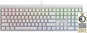 Cherry MX 2.0S wired gaming keyboard with RGB lighting, available in MX Black, Blue, Brown, Red, and Silent Red switches; white model features MX Silent Red switches for quiet performance
