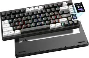 YUNZII AL80 wireless mechanical keyboard with full aluminum CNC build, smart LCD display, hot-swappable gasket mount, 75% layout with knob, BT/2.4G/USB-C, QMK/VIA support, black Cocoa Cream V2