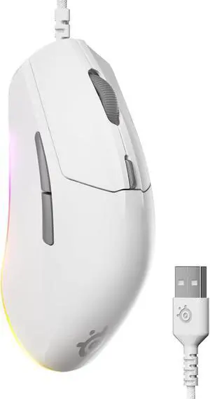 SteelSeries Rival 3 Gen 2 gaming mouse with 8500 DPI TrueMove Core optical sensor, 60M click durability, low latency, 77g lightweight build, 100% PTFE feet, and customizable RGB lighting, white