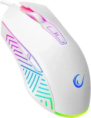 Rampage Spear V2 White wired gaming mouse with vibrant RGB lighting, 12800 DPI sensor, 7 programmable buttons, lightweight ergonomic design for PC/Mac/Laptop gamers, precision and comfort