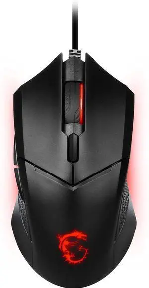 MSI Clutch GM08 gaming mouse with 4200 DPI optical sensor, 3 adjustable weights for precision, red LED lighting, durable switches, symmetrical ergonomic design for PC gaming, sleek black finish