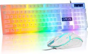 CHONCHOW Gaming Combo: 104-key rainbow LED backlit keyboard + 7-color RGB mouse in white. Ideal for PC, laptop, Xbox & PS4 gamers or work use, offering style, comfort, and reliable performance