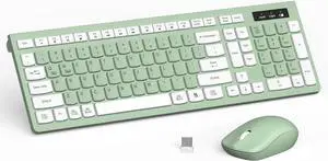 Avocado Green Wireless Combo: Full-size 2.4GHz keyboard + adjustable DPI mouse with USB receiver. Silent, stylish, and compatible with PC, Windows, Mac, desktop & laptop for work or home use