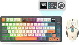 75% Wireless Gaming Combo: 80-key RGB backlit keyboard with knob volume control + 1600 DPI 3D mouse. Tri-mode BT5.0/2.4GHz/USB-C, 2000mAh battery. Sleek black design for gamers & multitaskers