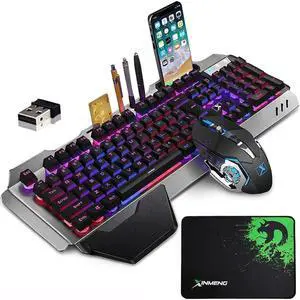 Wireless Gaming Combo (Purple): Rainbow LED backlit metal panel keyboard + 7-color mute mouse. Rechargeable 4800mAh battery, mechanical feel, ergonomic, waterproof & dustproof for PC/Mac gamers