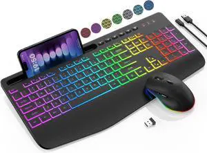 Wireless Combo: Full-size RGB keyboard with 9 backlit effects, ergonomic wrist rest & phone holder + mouse. 2.4G, rechargeable, quiet, sleep mode. Works with PC, laptop, Mac & Windows