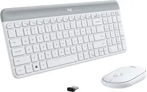 Logitech MK470 Slim Wireless Combo: Compact, ultra-quiet keyboard + mouse with 2.4GHz USB receiver. Plug & play, sleek off-white design. Compatible with Windows PCs, ideal for work & home use