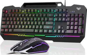 AULA T102 Gaming Combo: 104-key RGB backlit keyboard with all-metal panel & anti-ghosting + wired mouse. USB setup, compatible with Mac, Xbox & PC gamers for durable, responsive performance