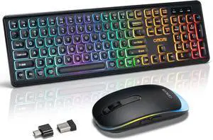 Wireless Combo: Rechargeable rainbow LED light-up keyboard + 2.4GHz quiet mouse. Perfect for office & gaming, compatible with Mac, Windows, PC, laptop, Xbox, PS4 & PS5 users