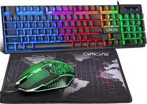 CHONCHOW Gaming Combo: LED backlit 104-key wired keyboard with mechanical feel + 3600DPI mouse with side buttons. Includes mousepad. Compatible with PC, Mac OS, Xbox, PS4 & PS5 gamers