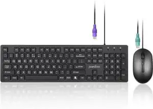 Perixx PERIDUO-117P Wired Combo: Full-size PS2 keyboard + 3-button optical PS2 mouse with 5.9 ft cable. Durable black design, ideal for desktops needing classic wired PS2 connectivity
