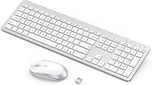 Seenda Rechargeable Wireless Keyboard & Mouse Combo  Full-size ultra-thin quiet keyboard, built-in lithium battery, cordless design, sleek silver & white, ideal for PC and laptop use