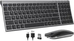 Seenda Rechargeable Wireless Keyboard & Mouse  Ultra-thin, low-profile with number pad, quiet and portable, compatible with Windows XP/7/8/10/11/11 Pro, sleek black & grey design