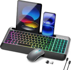 JOYACCESS Wireless Keyboard & Mouse Combo  Compact, quiet backlit keyboard with RGB mouse, rechargeable, portable, cordless, compatible with Mac, Windows, laptop, space gray design