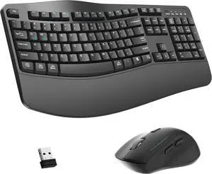 Wireless Keyboard & Mouse Combo  2.4G full-size wave keys ergonomic keyboard with wrist rest, 3 DPI adjustable silent mouse, compatible with PC, laptop, Windows & Mac, sleek grey design