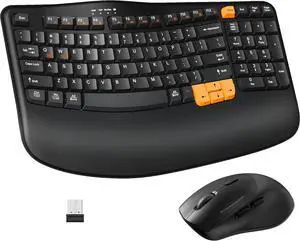 Wireless Keyboard & Mouse Combo  2.4G wave keys ergonomic keyboard with palm rest, 3 DPI silent mouse, compact spill-resistant design, natural typing, compatible with Windows, PC, laptop & Mac, blac
