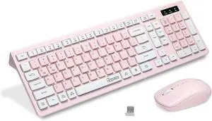 Reccazr Wireless Keyboard & Mouse Combo  2.4G full-size cordless keyboard, 3 DPI adjustable mouse, dual-system compatible with PC, laptop, Windows & Mac, stylish pink & white design