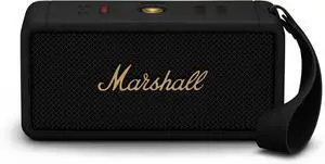 Marshall Middleton portable Bluetooth speaker  rich stereo sound with deep bass, 20+H playtime, IP67 waterproof design. Stylish, durable, and wireless in Black & Brass for home or outdoor use