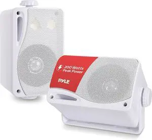 Pyle 3-way outdoor speaker set  200W 3.5" marine-grade pair with heavy-duty ABS enclosure & grill. Weatherproof for home, boat, patio, poolside & indoor/outdoor use. Model: PLMR24. Color: White