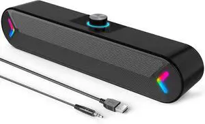 LENRUE A39PRO Computer Sound Bar  10W stereo speakers, USB-powered, wired plug-n-play design. Compact black soundbar for PC desktop, delivering clear audio for work, study, or entertainment