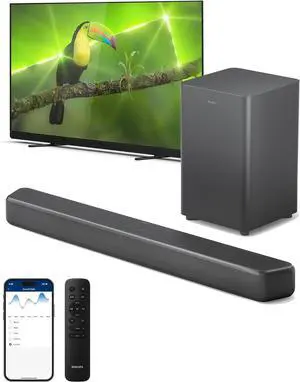 Philips B5309 2.1ch Soundbar  240W power with wireless subwoofer & DTS Virtual:X for immersive audio. Features deep bass, Bluetooth 5.4, 4 EQ modes, HDMI ARC & USB. Stylish dark grey design