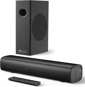 Saiyin 70W Soundbar with 4" Subwoofer  2.1 channel surround sound for TV/PC. Compact design with rounded-edge subwoofer. Supports Bluetooth, Optical & AUX for rich, enhanced audio.