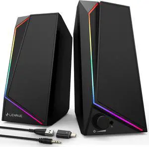 LENRUE USB/USB-C Computer Speakers  Loud stereo sound with headphone-in support. Works with desktop, iMac, MacBook, laptop & monitor. USB-C to USB adapter included for easy setup