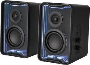 Edifier QR30 2.0 Desktop Speakers  30W RMS, compact Bluetooth 5.4 wireless bookshelf speakers. Features 3.5mm AUX, USB-A input, dynamic light effects, app control. Sleek black design