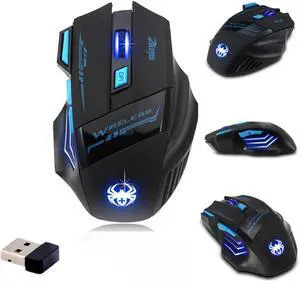 ZELOTES F14 Wireless Gaming Mouse (Black)  2.4G USB optical mouse with blue LED, up to 2400 DPI, ergonomic design, ideal for laptops, desktops, PCs, and MacBooks.