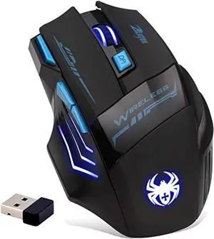 ZELOTES Wireless Gaming Mouse (Black)  2.4G USB mouse with 7 buttons, 2400 DPI optical sensor, LED lighting, and ergonomic design for comfortable use on PC, Mac, or laptop
