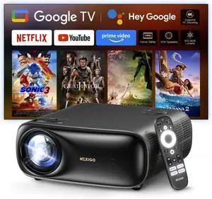 NexiGo PJ40 Pro Google TV Projector  Native 1080P, 4K support, 800 ANSI lumens, AI image enhancement, Auto Keystone, 20W speakers, WiFi, Bluetooth, and backlit remote for smart entertainment.