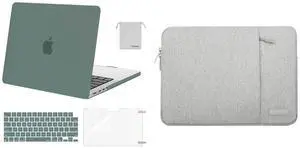 MOSISO Compatible with MacBook Pro 14 inch Case 2023-2021 M2 A2779 A2442 M1, Plastic Hard Case&Polyester Vertical Sleeve Bag with Pocket&Keyboard Cover&Screen Protector&Storage Bag,Midnight Green&Gray