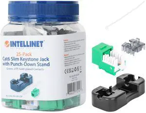 Intellinet Cat6 Keystone Jack with Punch-Down Stand -25 Pack - UL Listed - RJ45 Female Modular UTP Ethernet Jack Insert -25 Dust Covers and Cable Ties Included-Lifetime Mfg Warranty- Green 772143