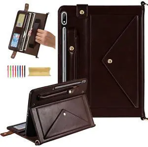 Dteck Case for Samsung Galaxy Tab S9 FE 10.9",Galaxy Tab S9/S8/S7 Case 11",PU Leather Business Stand Protective Cover with S Pen Holder Card Slots Shoulder Hand Strap Handbag Wallet Cover,Brown