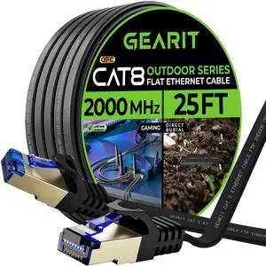 GEARit Cat 8 Outdoor Flat Ethernet Cable (25ft, Black) Direct Burial Rated LLDPE Jacket - Indoor Cat8 Shielded FTP 2000Mhz 40Gbps High Speed Gaming Computer Network RJ45 Snagless Patch Cord Internet