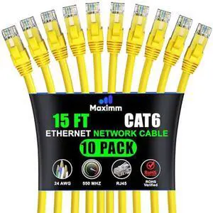 Maximm Cat 6 Ethernet Cable 15 ft (10-Pack) - High-Speed LAN Cable, Internet Cable, Patch Cable, and Network Cable - UTP, 10Gbps, 550MHz Ethernet Cord - Yellow
