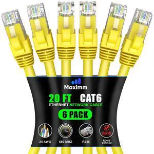 Maximm Cat 6 Ethernet Cable 20 ft (6-Pack) - High-Speed LAN Cable, Internet Cable, Patch Cable, and Network Cable - UTP, 10Gbps, 550MHz Ethernet Cord - Yellow