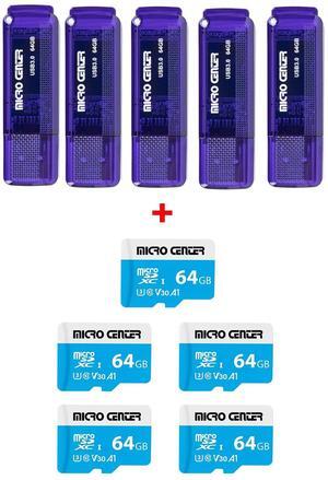 INLAND Micro Center Super Speed 5 Pack 64GB USB 3.0 Flash Drive+5 Pack 64GB microSDXC Card