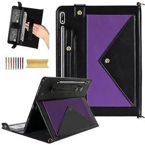 Dteck Case for Galaxy Tab S10 Plus/S9 FE Plus/S9+/S8+/S7 FE/S7+ 12.4",Business PU Leather Fold Stand Protective Cover with S Pen Holder Shoulder Hand Strap Card Slots Bag Wallet Cover,Purple/Black