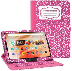OKP Case for All New Kindle Fire HD 10 Tablet & HD 10 Plus (11th/13th Generation, 2021/2023 Release), 360 Degree Rotating Swivel Stand Leather Cover, Auto Wake Sleep, Composition Book Pink