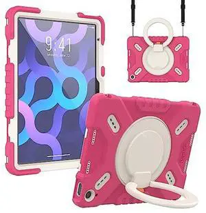 PEPKOO Triple Shock Protection Case for iPad 10th Generation 10.9 inch 2022, Kids Boy Girl Rugged Cover with Pencil Holder, Kickstand Handle, Shoulder Strap (Pink)