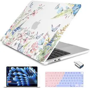 Batianda for New MacBook Air 13.6 inch Case 2025 M4 2024 2022 Release Model A3240 A3113 M3 A2681 M2, Designed Protective Hardshell Keyboard Cover and USB-C OTG Adapter, Butterfly and Flower