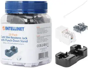 Intellinet Cat6 Keystone Jack with Punch-Down Stand -25 Pack - UL Listed - RJ45 Female Modular UTP Ethernet Jack Insert -25 Dust Covers and Cable Ties Included-Lifetime Mfg Warranty- White 772105