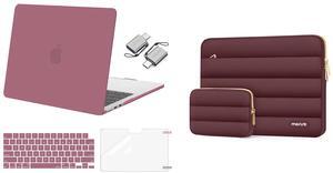 MOSISO Compatible with MacBook Air 13 inch Case 2024 2023 2022 M3 A3113 M2 A2681 Touch ID, Plastic Hard Shell&Keyboard Cover&Screen Film&Type C Adapter&Polyester Horizontal Bag, Dusty Rose&Wine Red