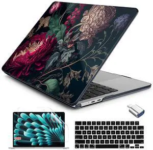 Batianda Case for New MacBook Air 13.6 inch 2025 M4 2024 2022 Release Model A3240 A3113 M3 A2681 M2, Designed Protective Hardshell Keyboard Cover and USB-C OTG Adapter, Vintage Flower