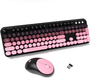 FD Wireless Keyboard and Mouse Combo - 2.4G Full-Sized Cute Colorful Mouse and Keyboard with 104 Round Keys Retro Typewriter Keyboards for Laptop/Windows/PC - Pink Gradient