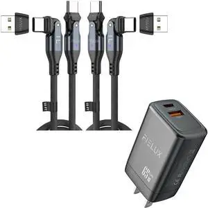 FIELUX 240W USB C to USB C Cable [2 Pack 10FT/10FT + USB A Adapter] + 65W Dual Port USB A & USB C Wall Charger (Black)