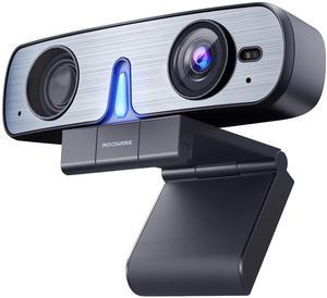 ROCWARE RC08 2K Webcam with Speaker, Webcam for PC, HD Web Cam with Noise Reduction Mic/Harman Speaker/4X Eptz/Privacy Cover/0.2S Auto-Focus/Low Illumination, Computer Camera for Zoom/Teams/Meeting