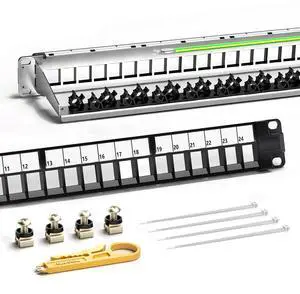 AMPCOM 24 Ports 1U Blank Keystone Patch Panel, 19 inch Rack or Wall Mount with Rear Cable Management Panel for Ethernet CAT5e/CAT6/CAT7, USB, HDMI