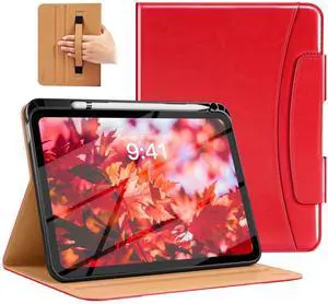 MoKo for New iPad (A16) 11th Generation Case 11-inch 2025, iPad 10th Generation Case 10.9" 2022 with Pencil Holder & Pocket, Premium Leather Folio Stand Cover, Multiple Viewing Angles, Water Red